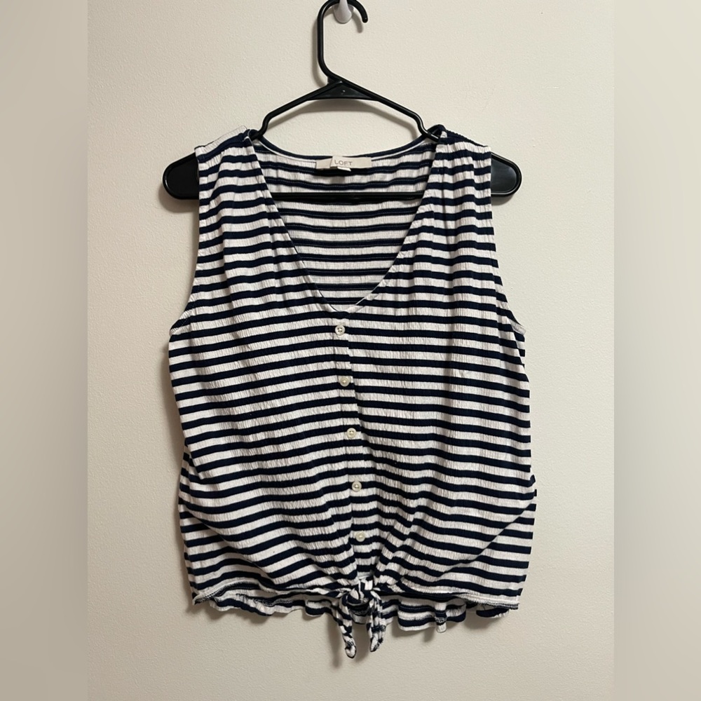 LOFT - Women’s Striped Crinkle‎ Tie Front Tank Top - Navy/White - Size Small